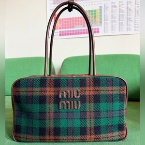 Miu Miu Beau tartan top-handle bag with leather details